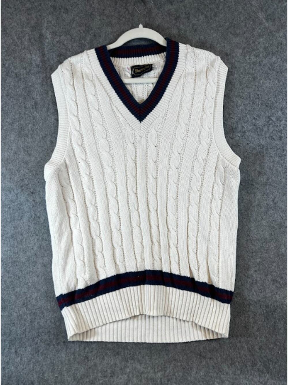 VTG 80s Huntington Cable Knit Cricket Sweater Vest Mens M Ivory Preppy Old Money